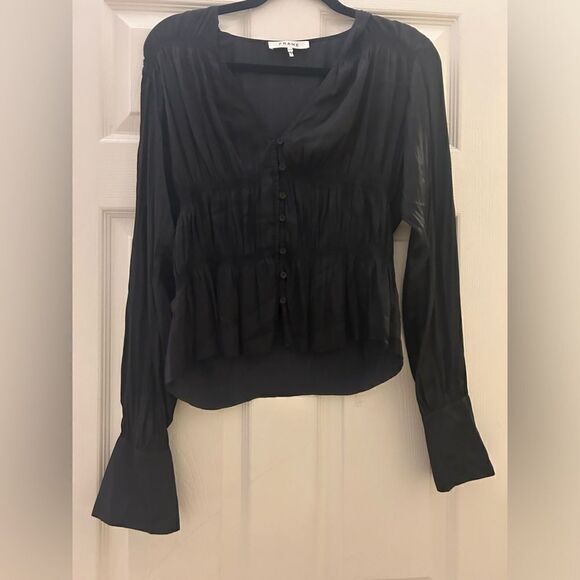 Frame Shirred Black VNeck Blouse NWT Medium - Picture 3 of 5